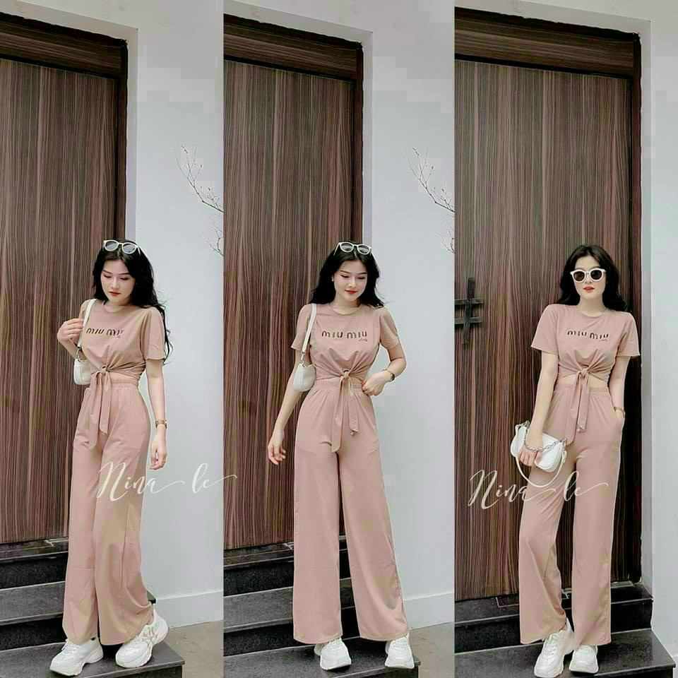 (FreeShip)Đồ bộ nữ,bộ cotton áo croptop in chữ cột nơ phối quần ống rộng có túi,chất thun mềm mát lên from chuẩn