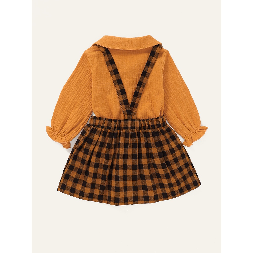 Set 2 món MIKRDOO gồm áo sơ mi dài tay cổ peter pan và chân váy yếm cotton sọc caro cho bé gái sơ sinh