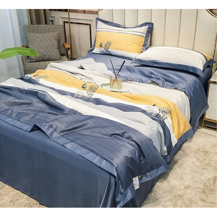 Bộ chăn ga gối cotton cao cấp (họa tiết thuyền sông màu tím than vàng trắng)