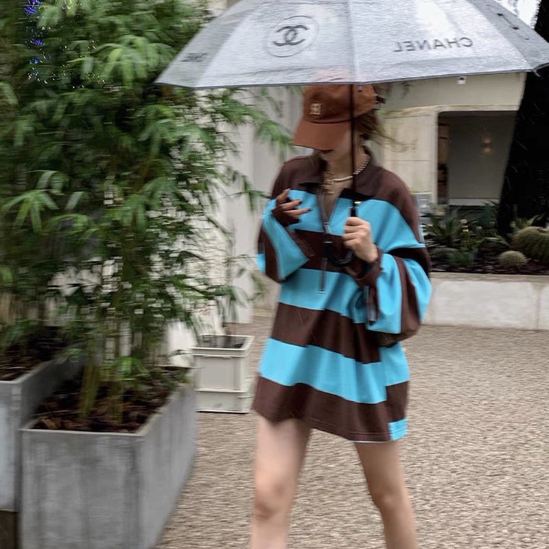 Jiashucheng Áo Sweater Tay Dài Dáng Rộng Cổ polo Họa Tiết Kẻ Sọc Phong Cách Hàn Quốc Thời Trang Mùa Thu Hàng Mới Đến 150kg Dành Cho Bạn Nữ