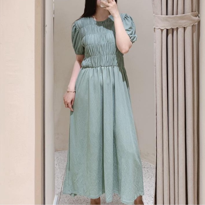 MSD012 Đầm M.ng Xanh Mint Phong Cách Đơn Giản Thanh Lịch Váy Midi Cổ Tròn Tay Lỡ