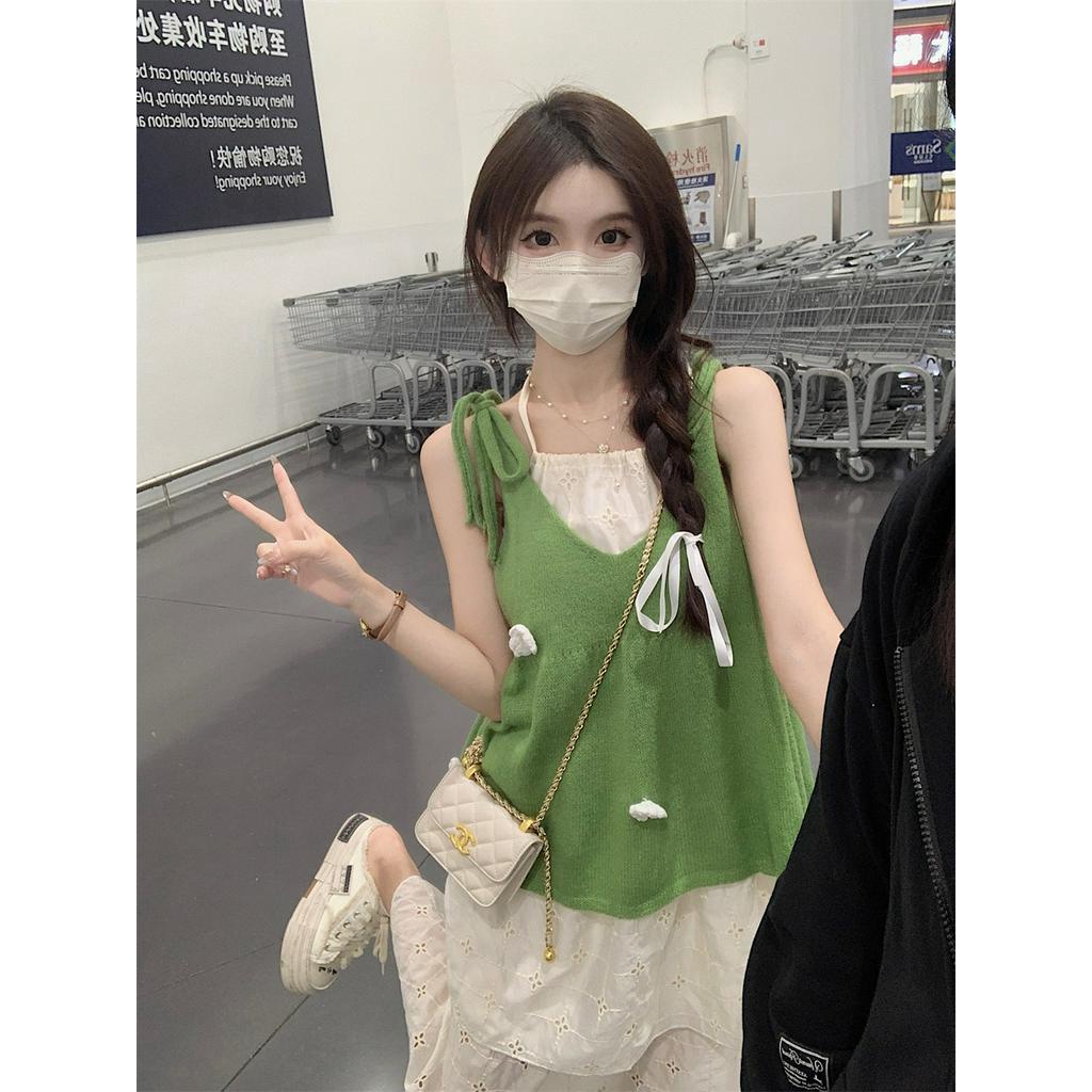 Áo Vest Dệt Kim Xanh 63362 / Váy Trắng