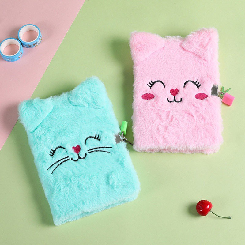 Sổ tay nhật ký thiết kế hình mèo nhồi bông hoạt hình có khóa mật khẩu dễ thương