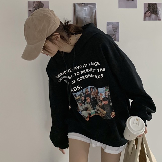 Áo hoodie tay dài in chữ vui nhộn thời trang Hàn Quốc cho nữ