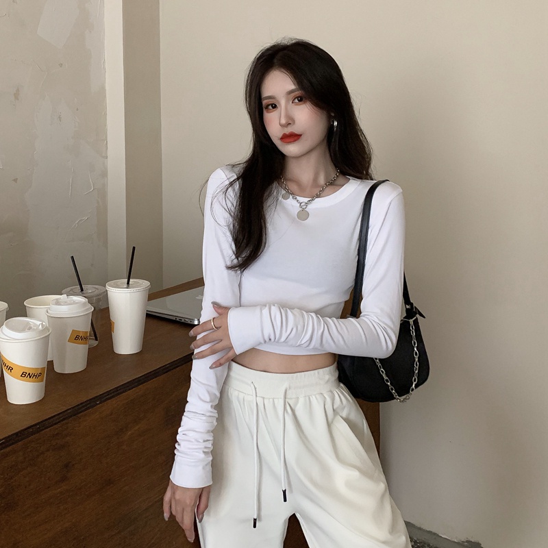 DUNEA Áo thun lửng tay dài màu trắng quyến rũ cho nữ