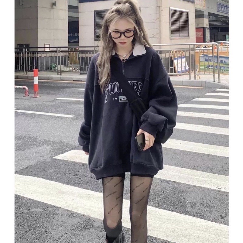 Áo nỉ Sweater nữ size dưới75kg tay bồng Unisex, áo nỉ cổ cao Polo chất nỉ ngoại in chữ siêu đẹp