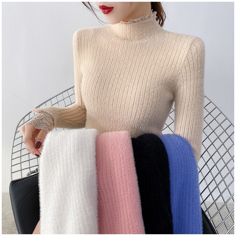 HÀNG NHẬP - ÁO LEN NỮ LÔNG MỀM CAO CỔ TAY PHỐI REN SIÊU XINH - DL57124 | BigBuy360 - bigbuy360.vn