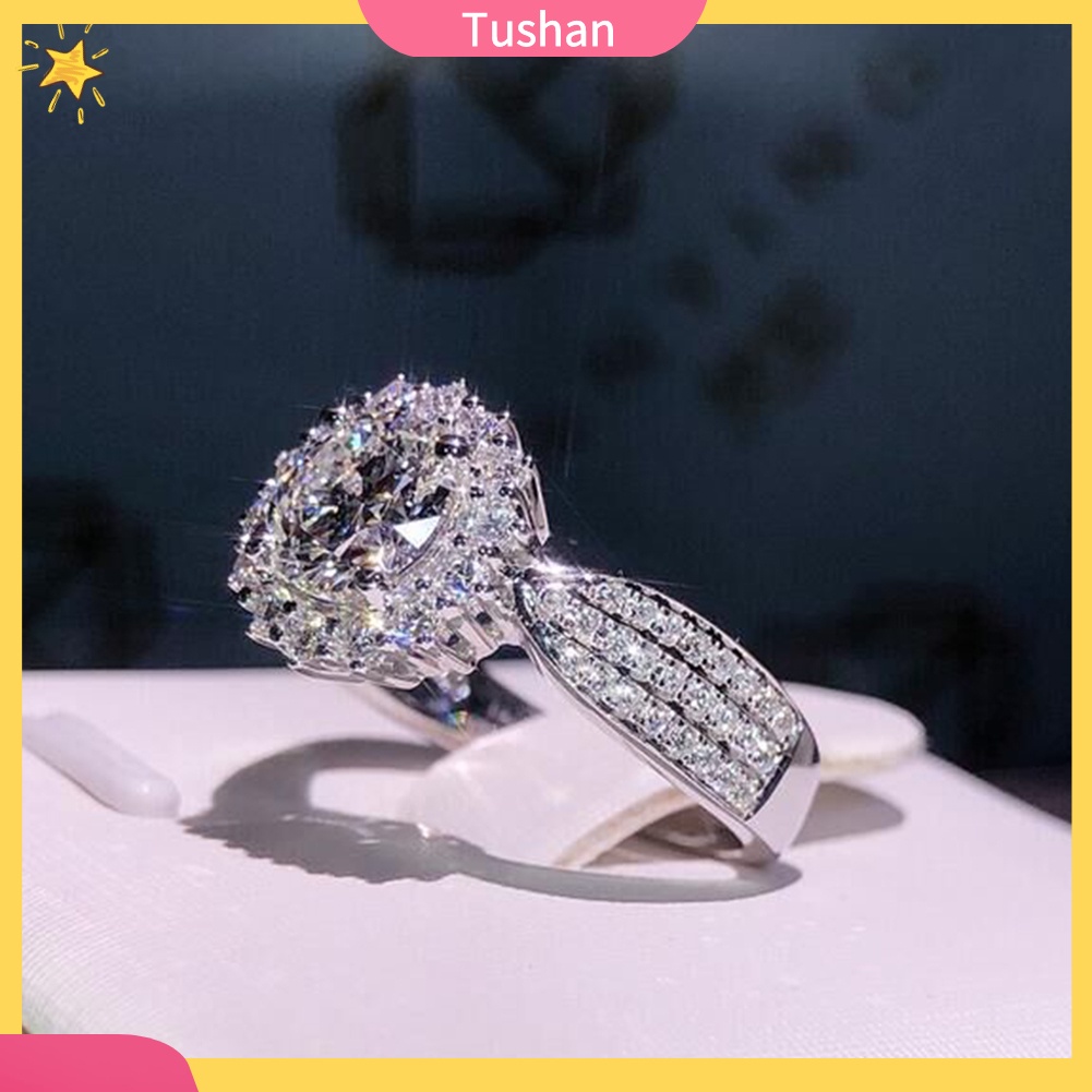 TUSH Luxury Women Round Cut Rhinestone Inlaid Finger Ring Proposal Party Jewelry Gift