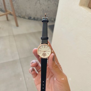 Đồng hồ nữ dây da MK7553 viền vàng hồng dây đen mặt trắng size nhỏ