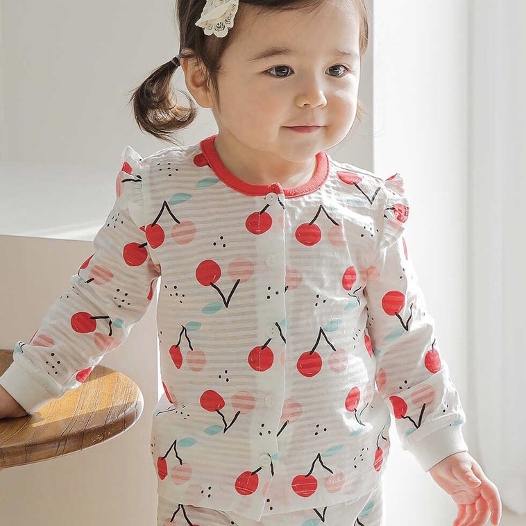 Bộ Dài Tay Cao Cấp Bé Gái Nội Địa Hàn Quốc Của Hãng Corrdii, Chất Cotton Giấy Organic, Mẫu Cherry