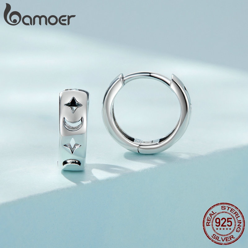 Bông tai BAMOER SCE1498 bạc 925 hình mặt trăng ngôi sao cho nam và nữ