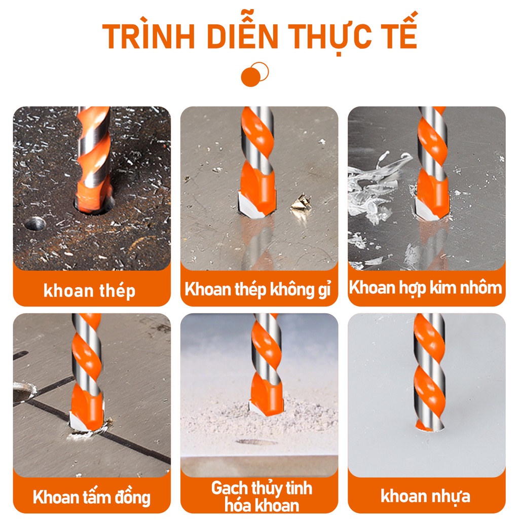 Bộ 7 mũi khoan đa năng 3/4/5/6/8/10/12mm phù hợp khoan các chất liệu kính sắt bê tông gạch men đá gố