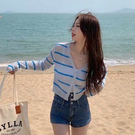 Áo khoác cardigan ZHELIHANGFEI dệt kim tay dài chống nắng họa tiết kẻ sọc thời trang