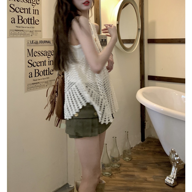 QKOOLE  Set Áo Len Sát Nách Và Quần Dài Ống Rộng Phong Cách Hàn Quốc Dành Cho Nữ crop top