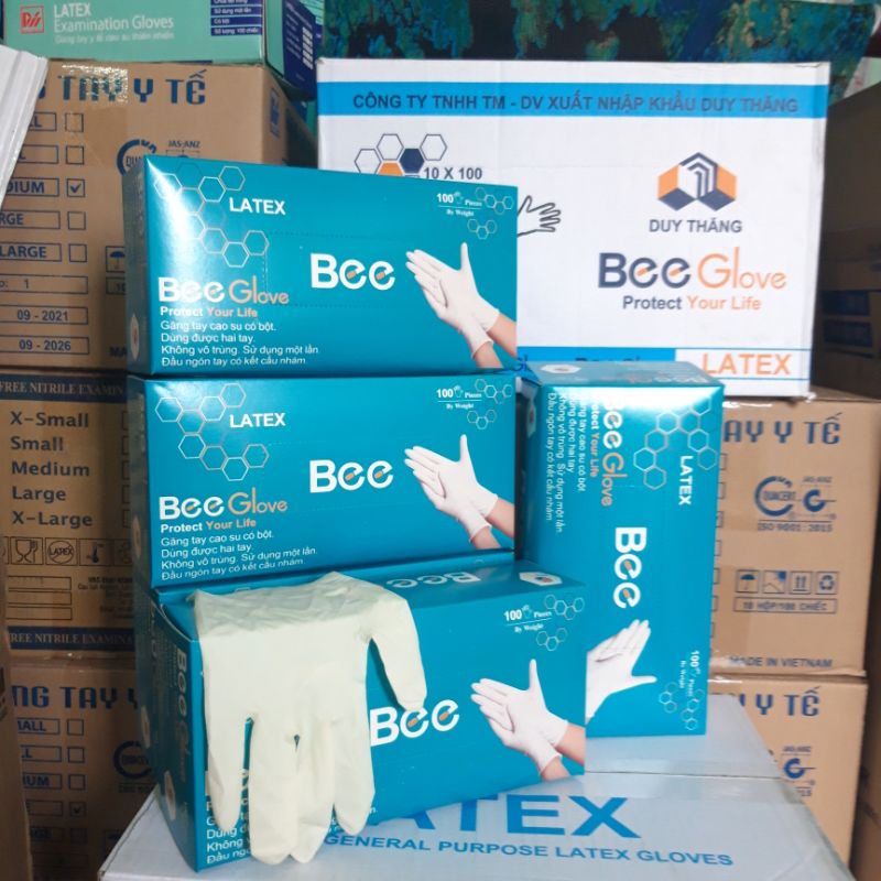 Hộp 100 Chiếc Găng Tay Cao Su Y Tế Bee Glove Latex Có Bột Màu Kem 6.0gr - Size S,M,L Dùng Trong Nha Khoa, Spa, Thẩm Mỹ X