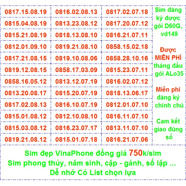 Sim Vina số đẹp 750k Miễn phí ĐK chính chủ Miễn phí gói ALO35 tháng đầu, ĐK được gói VD149-D60G...(xem ở chi tết)