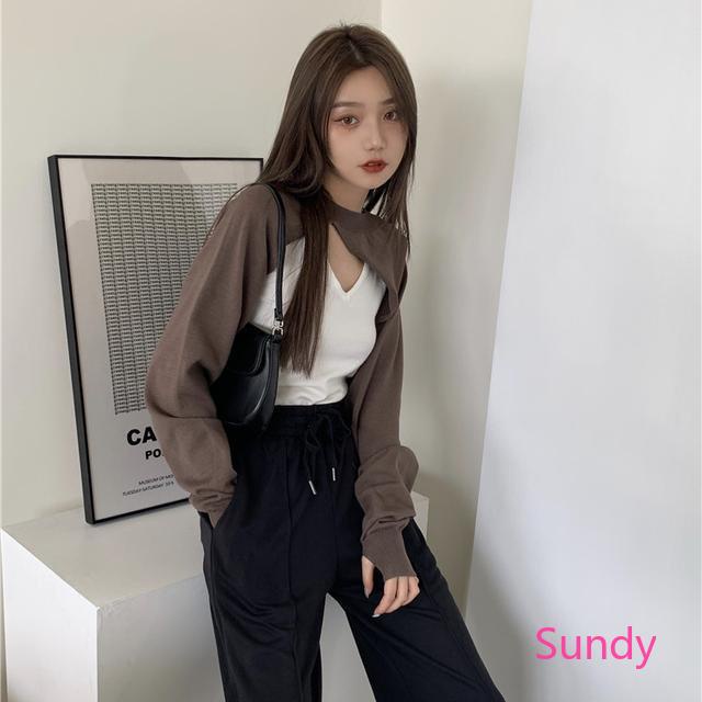 Set Áo Dệt Kim Tay Dài + Áo Hai Dây Trắng Phong Cách Retro Cho Nữ