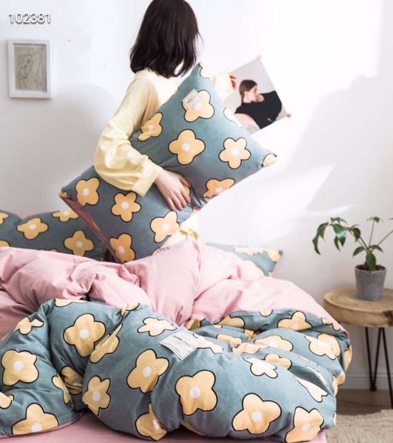 Bộ Chăn ga gối Cotton hoạt tính - Hoa ban mix ga hồng.
