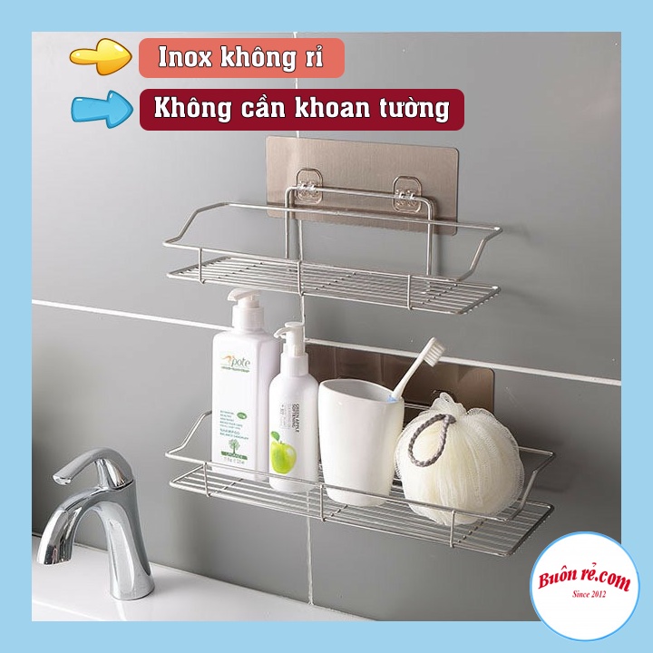 Kệ inox dán tường nhà bếp kèm 6 móc TẶNG 2 MIẾNG DÁN ĐÔI - Giá inox để đồ phòng tắm dán tường tiện lợi 01585 01586