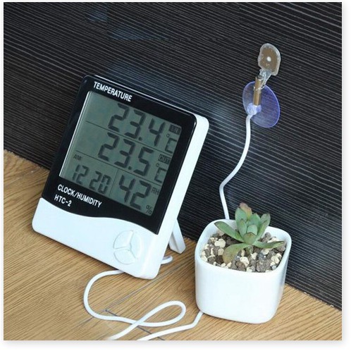 Máy đo độ ẩm kỹ thuật số LCD HTC-2 Nhà trong nhà Nhiệt kế ẩm kế ngoài trời Trạm thời tiết có đồng hồ