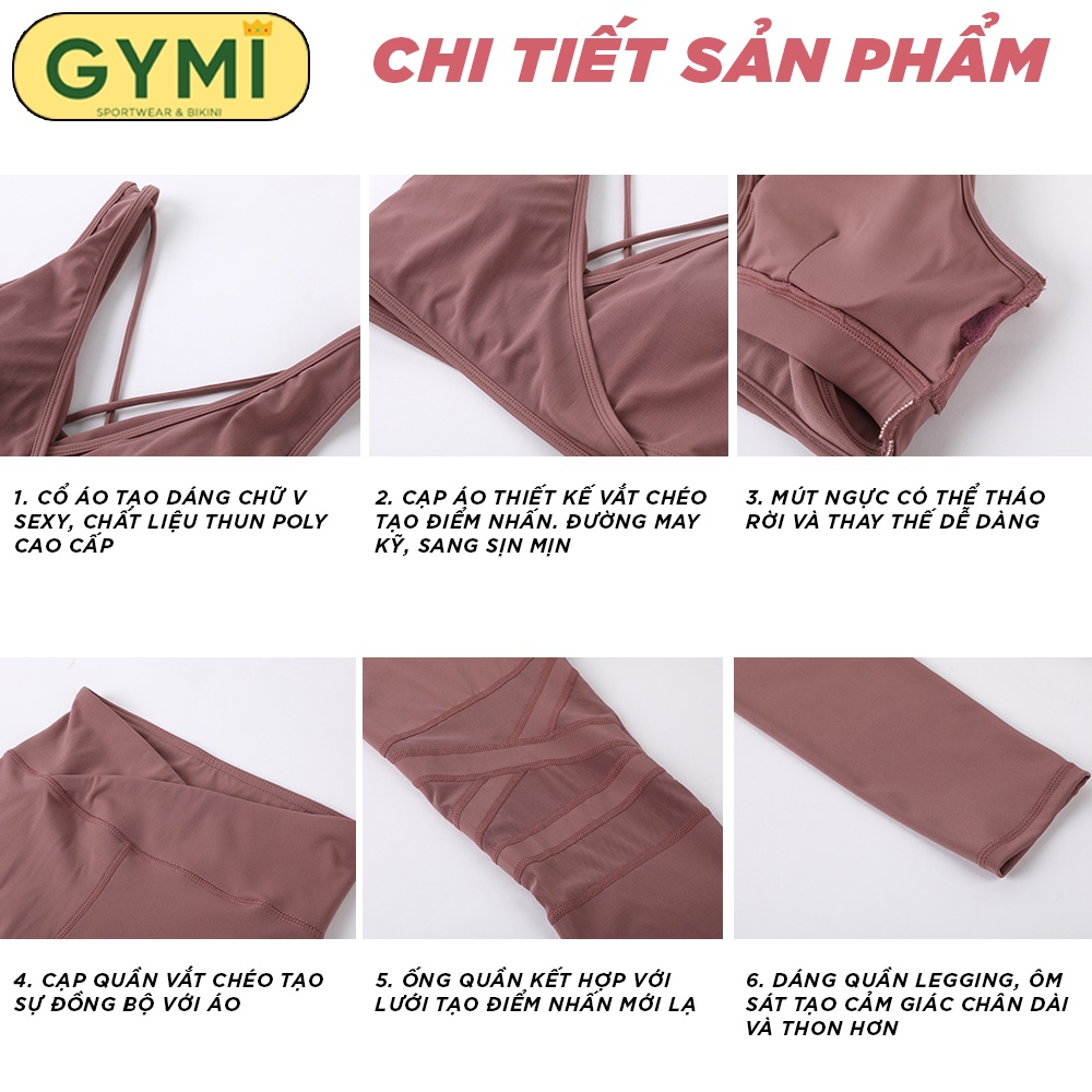 Set bộ đồ tập gym yoga nữ chất thun poly GYMI SET22 gồm áo bra chéo và quần legging thể thao co giãn đàn hồi