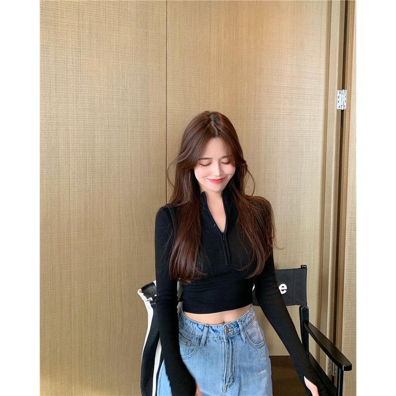 QKOOLE  Áo thun tay dài cổ cao có khóa kéo thời trang Hàn Quốc trẻ trung dành cho nữ