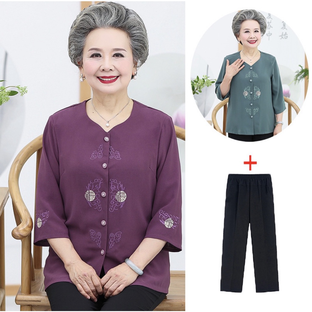Thời trang trung niên cho bà / Bộ đồ mùa hè cho người cao tuổi /Bộ quần áo tay lửng cho bà