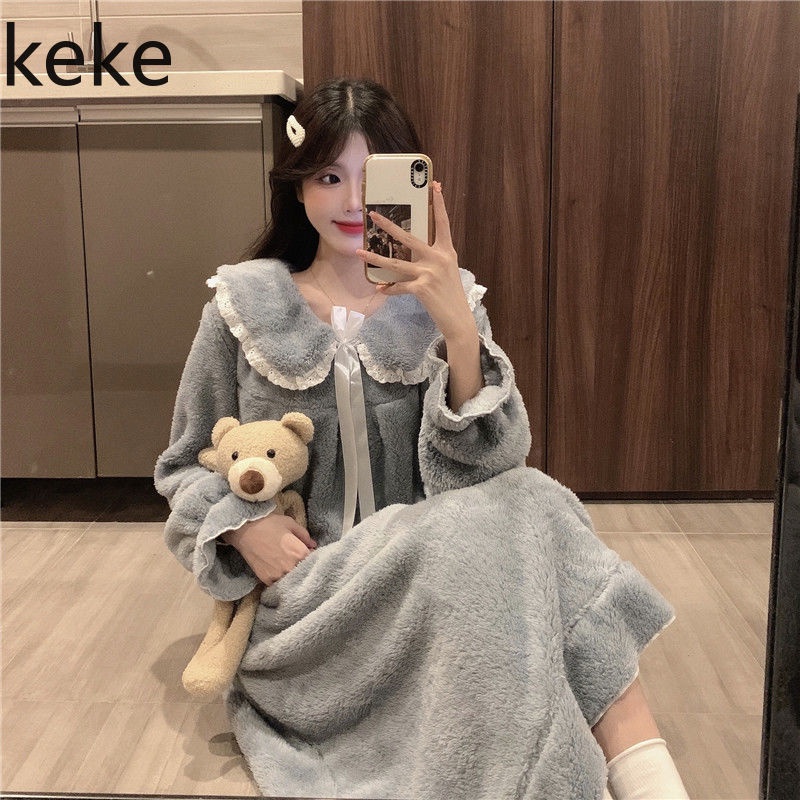 Đầm ngủ tay dài chất nỉ dày dặn giữ ấm thời trang mùa đông xinh xắn cho nữ