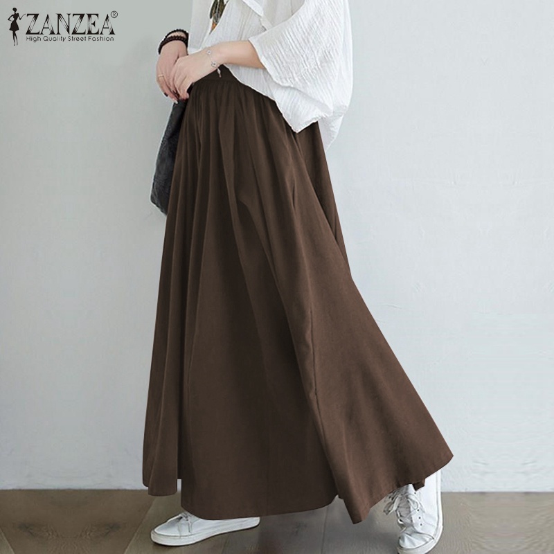Chân váy dài ZANZEA lưng co giãn màu trơn phong cách Hàn Quốc retro cho nữ