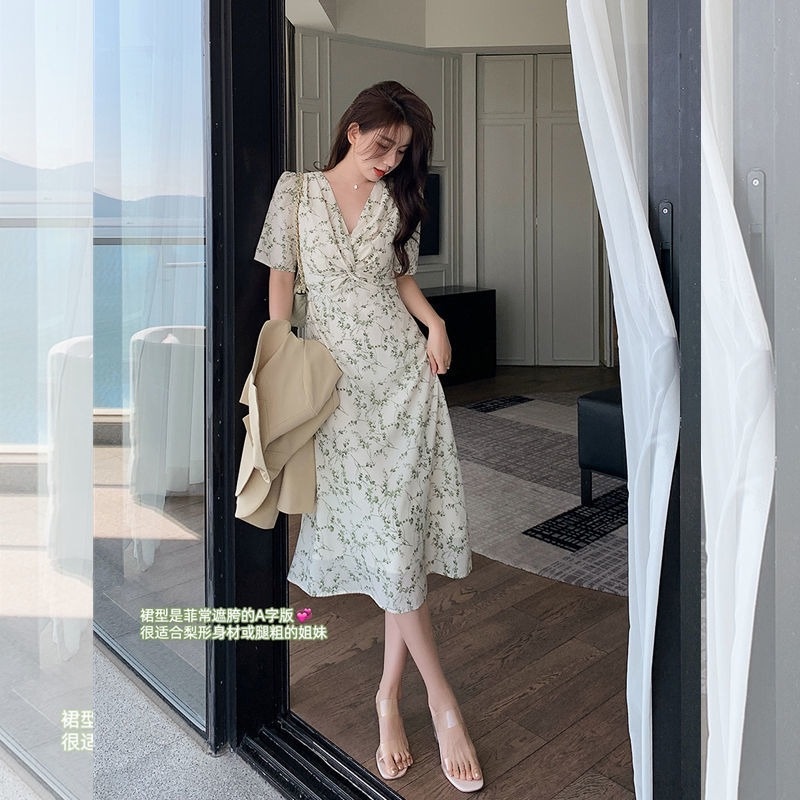 Đầm Chiffon Tay Ngắn Cổ Chữ V In Họa Tiết Hoa Màu Xanh Lá Phong Cách Pháp Hàng Mới Dành Cho Bạn Nữ