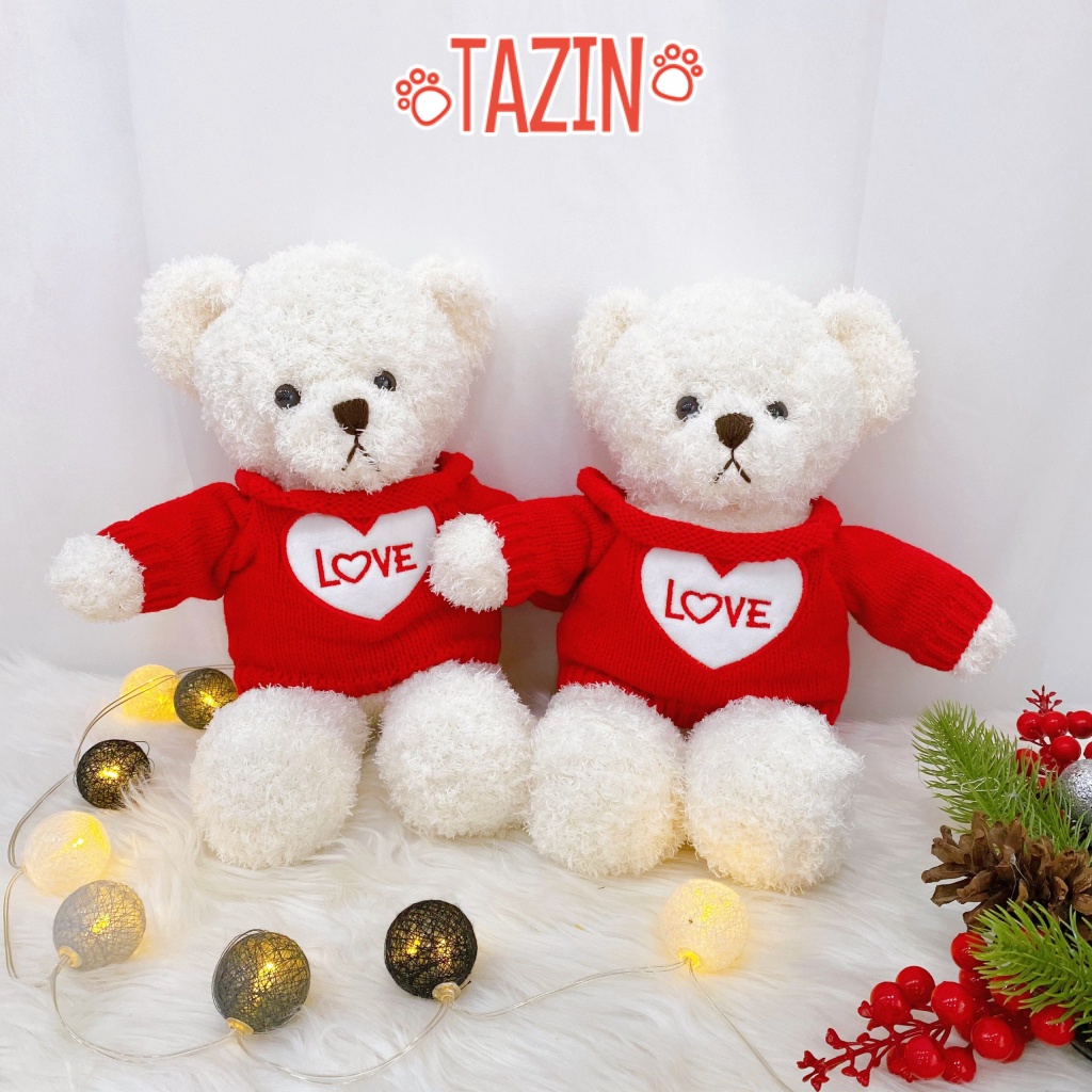 Gấu bông teddy head tales trắng áo đỏ chữ love, teddy head tales bông cao cấp TAZIN