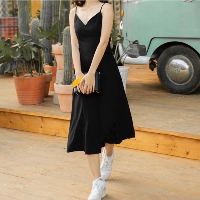 ♥️ ĐẦM MIDI ĐEN XOÈ 2 DÂY ĐAN EO - M01 ♥️