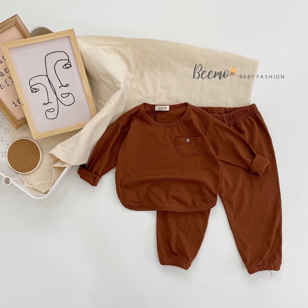 Set bộ quần áo dài tay Beemo kiểu basic chất cotton phối túi ngực đính cúc cho bé trai, bé gái từ 1 đến 6 tuổi 22199B