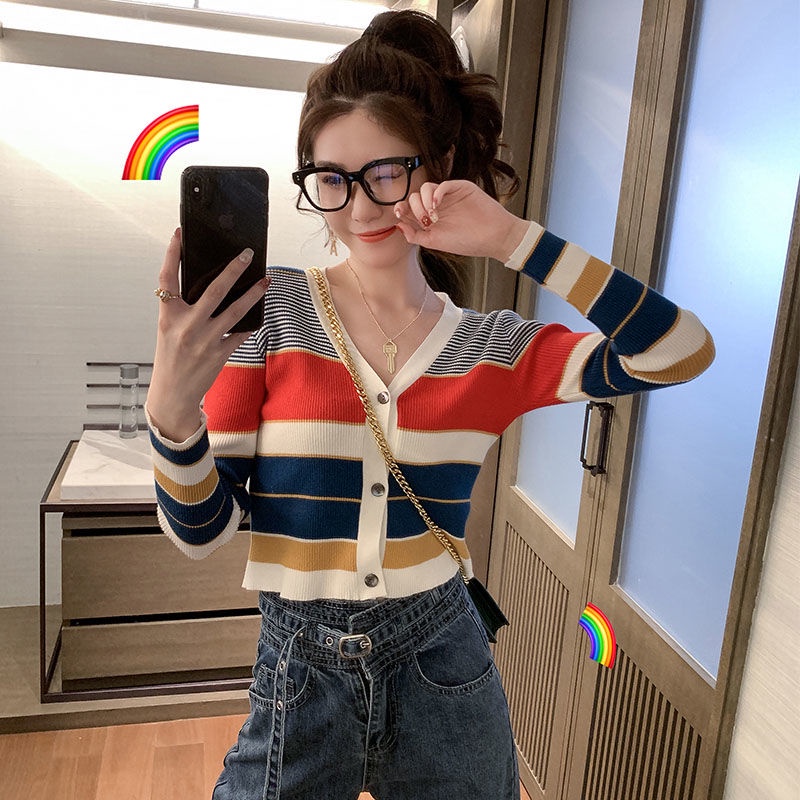 Áo khoác Cardigan tay dài kẻ sọc cầu vồng thời trang mùa xuân cho nữ