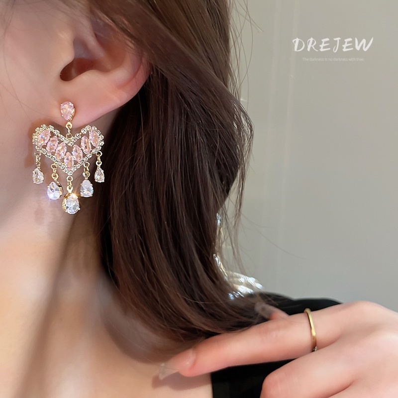 Khuyên tai DREJEW 1 tua rua dáng dài bằng bạc đính đá zircon sang trọng