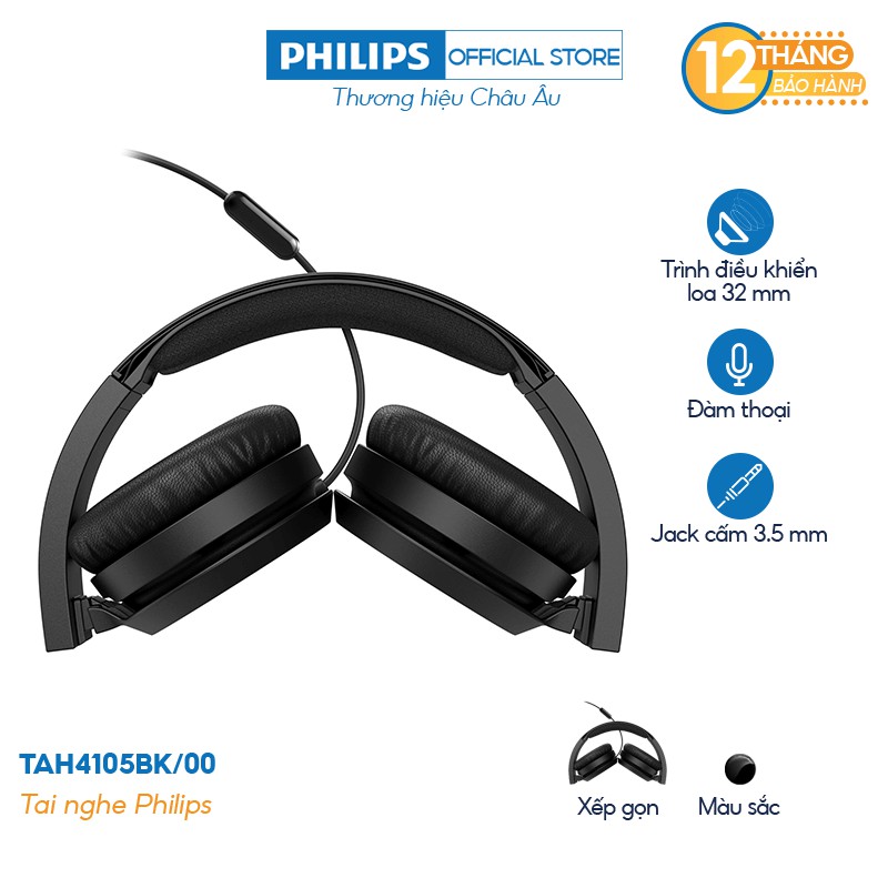 Tai nghe Philips chụp tai TAH4105BK/00, Có mic, Màu đen- Chính hãng phân phối