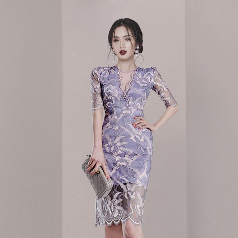 váy dạ hội nhỏ nữ tân cao cấp khí chất tiệc quý cô nương, sang trọng nhẹ nhàng màu tím, mùa hè có thể mặc thườn
