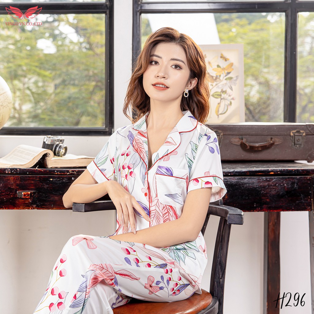 VINGO Bộ Mặc Nhà Nữ Kiểu Dáng Pijama Chất Liệu Lụa Pháp Cao Cấp Tay Cộc Quần Dài Họa Tiết Lá Đỏ Nền Trắng H296 VNGO 💖 😍