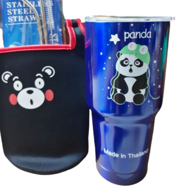 COMBO LY GIỮ NHIỆT GẤU PANDA XANH 900ML (KÈM TÚI, 2 ỐNG HÚT, 1 CỌ)