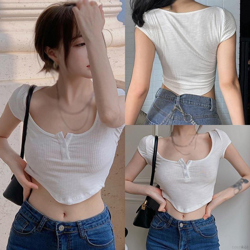 Áo croptop ngắn tay cổ chữ U thời trang gợi cảm cho nữ