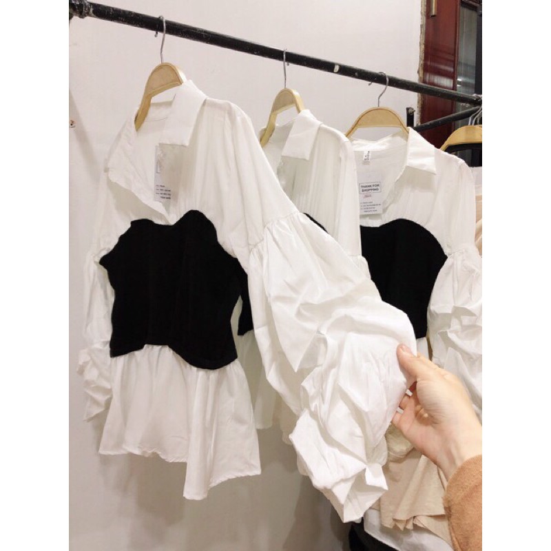 Áo sơ mi tay bồng phối đen trắng | BigBuy360 - bigbuy360.vn