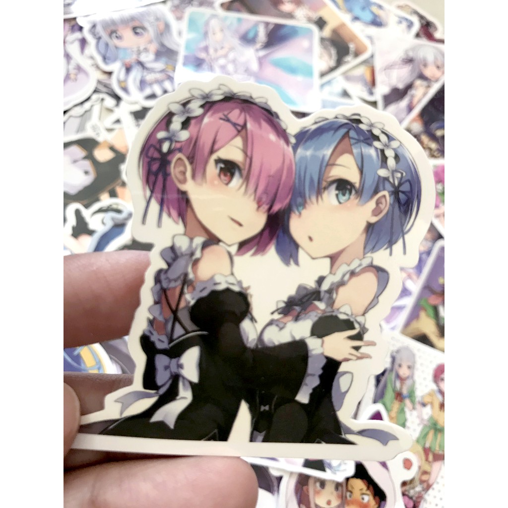 Miếng dán Sticker anime Re Zero kara Hajimeru Isekai Seikatsu trọn bộ 50 hình - In rõ ràng sắc nét khó tróc