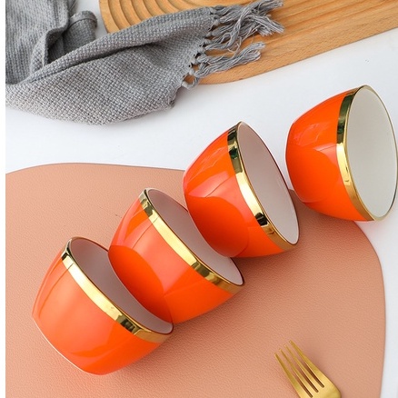 Bộ Bát HAPPY LIFE 6 Chén ăn cơm sứ viền vàng cao cấp có hộp đẹp tặng kèm 6 đôi đũa