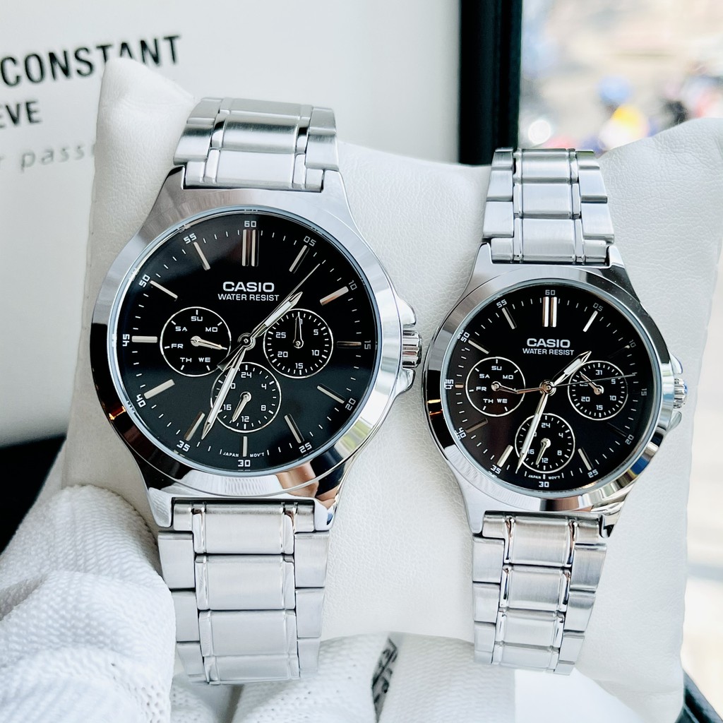 Đồng hồ nam nữ - Đồng hồ đôi cao cấp Casio V300D-1AUDF Dây thép - Mặt đen chống nước Bảo hành 1 năm Hyma watch