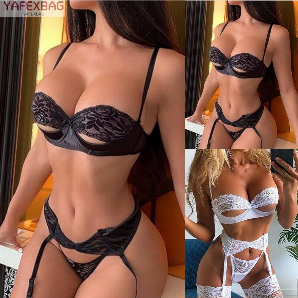 Women Sexy Lace Dress Bra G-String Garter Set Underwear Sleepwear Nightgown S-XL