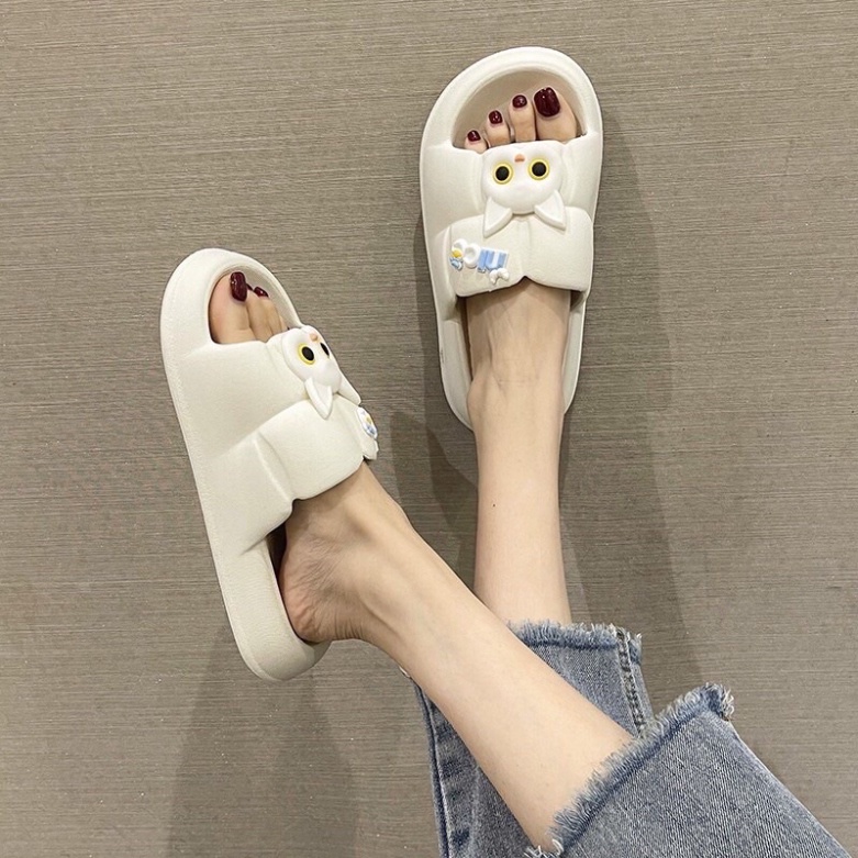 Dép bánh mỳ quai ngang nữ ô vuông đính sticker mèo cute siêu êm siêu bền - DL160