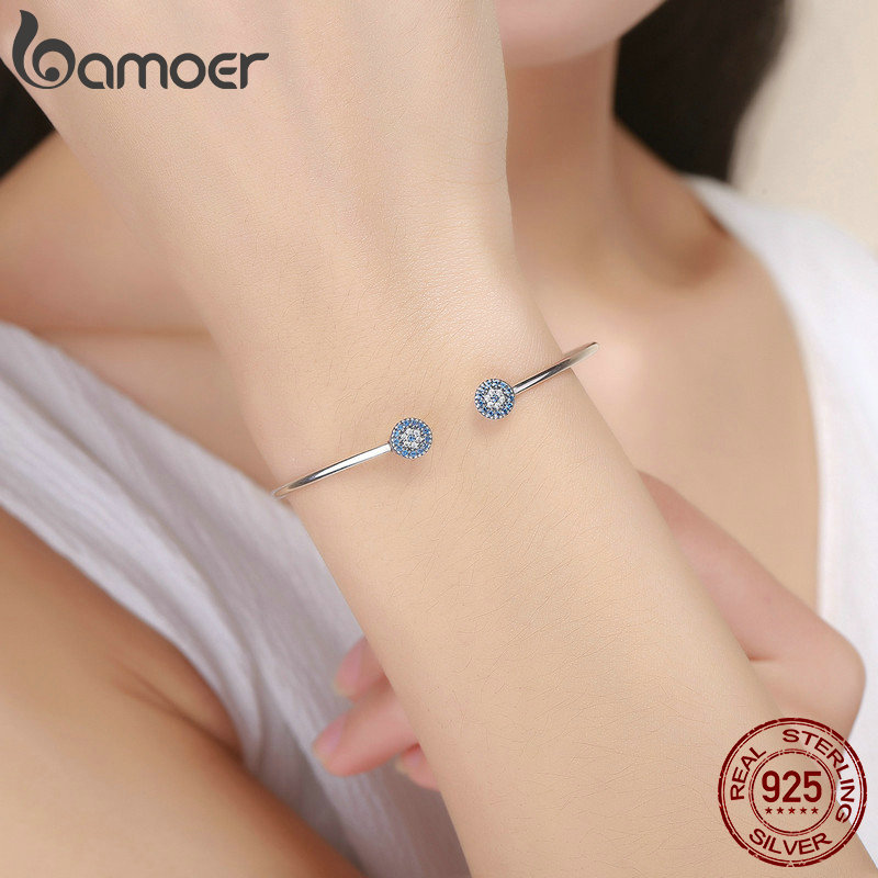 Vòng tay BAMOER SCB058 bằng bạc sterling 925 100% đính hạt đá CZ màu xanh dương phong cách sang trọng