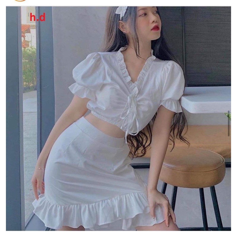[Mã FAXANH245 giảm 10K đơn 50K] Sét váy cổ V chun eo + chân váy 2 tầng chéo HD55 | BigBuy360 - bigbuy360.vn
