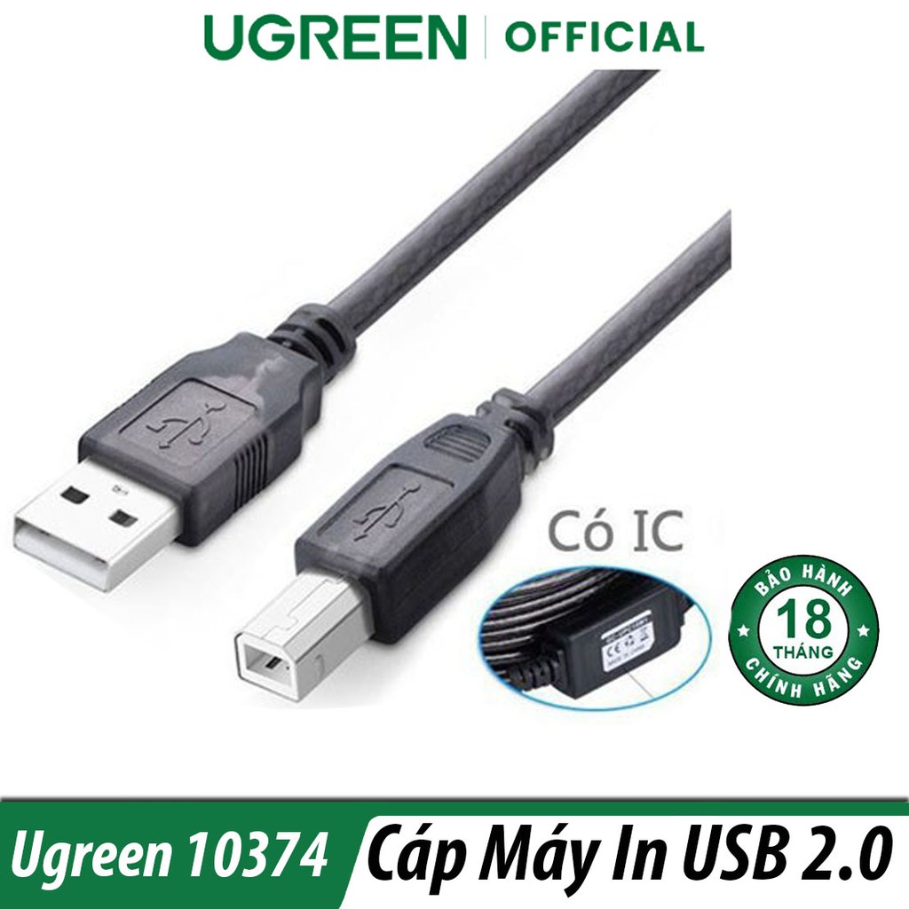 Cáp máy in USB 2.0 dài 10M Ugreen 10374 US122 (Có Chip sét) Cao Cấp Chính Hãng