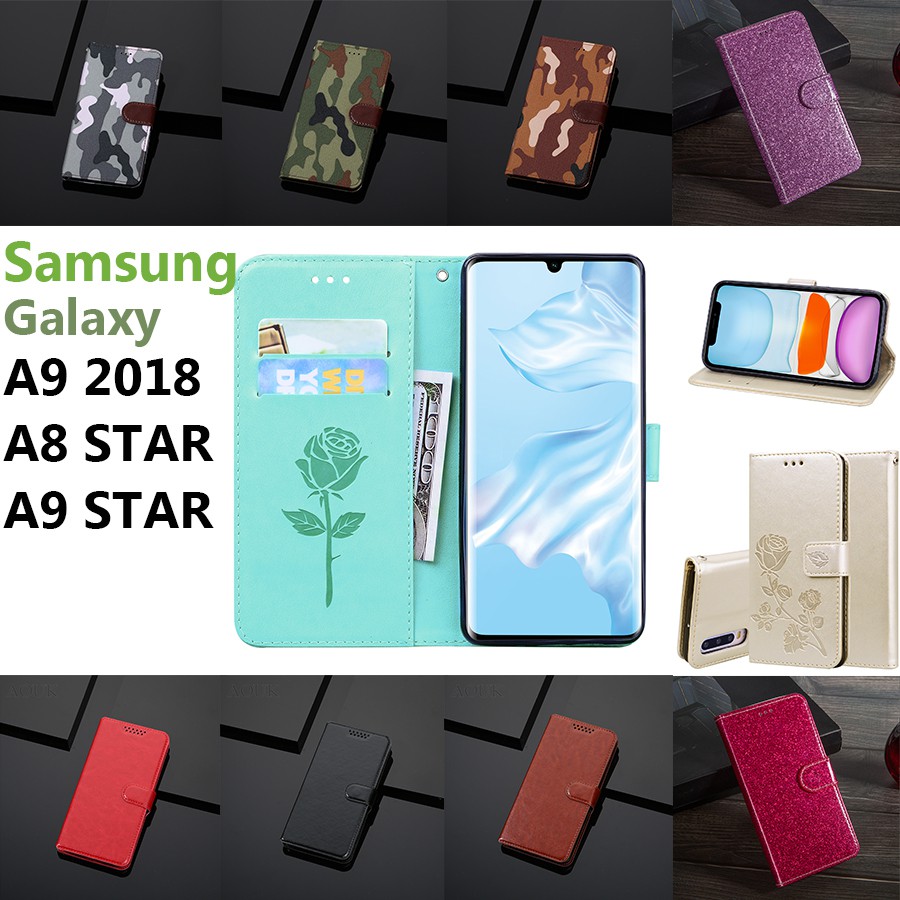 Bao da nắp gập chống rơi dạng ví đựng thẻ làm giá đỡ tiện lợi cho Samsung Galaxy A9 2018/A8 Star/A9 Star